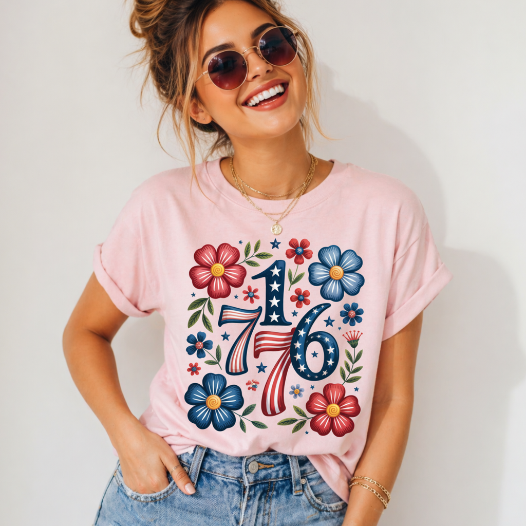 Woman wearing a pink patriotic, independence day t-shirt with floral 1776, standing against a plain background