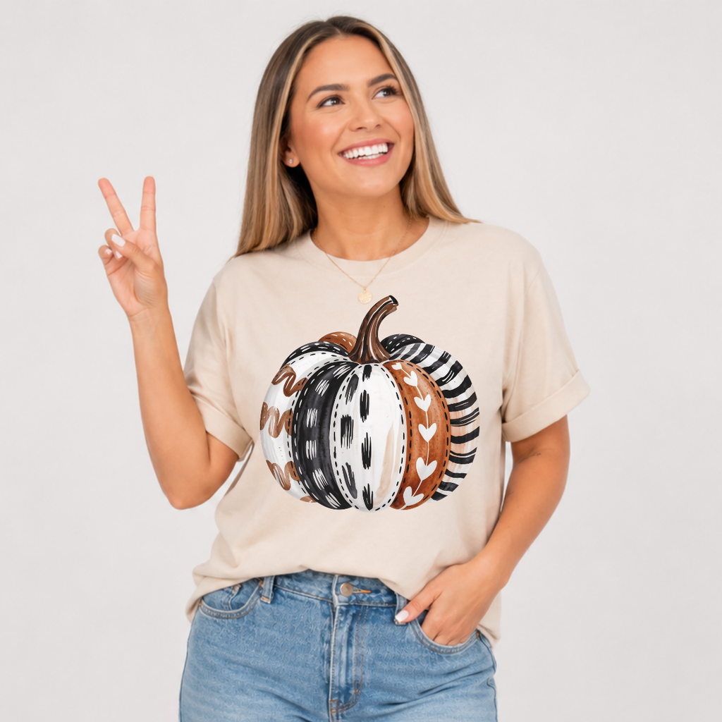 Woman wearing a cream sand colored patterned pumpkin fall graphic tee with a neutral boho pumpkin design