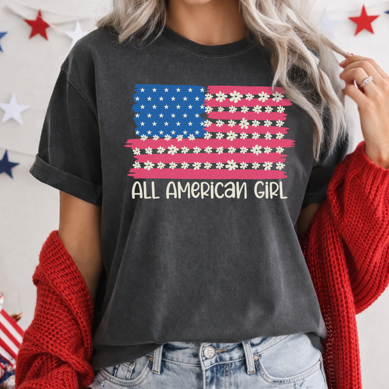All American Girl Flower Flag Tee
