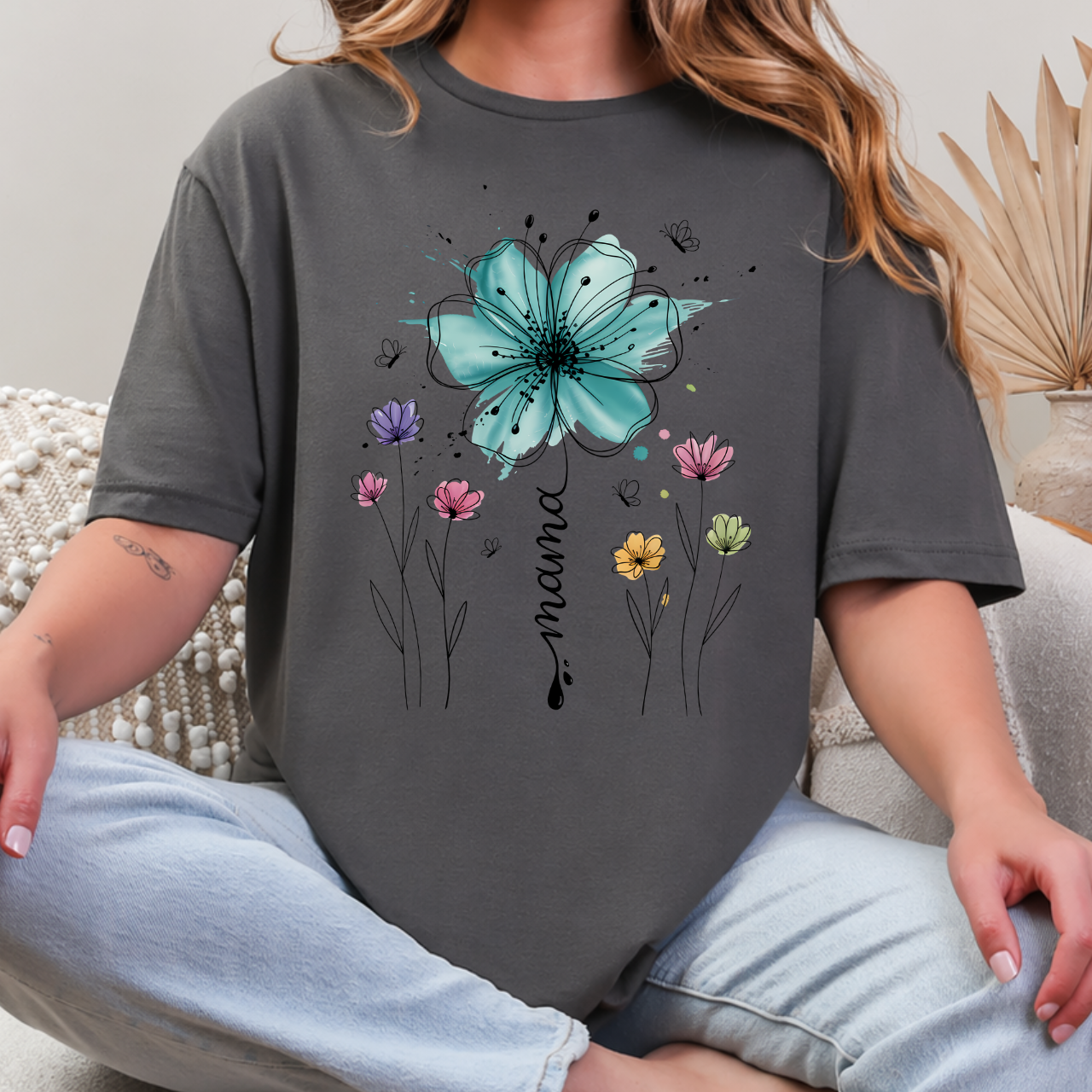 Mama with Teal Flower Tee