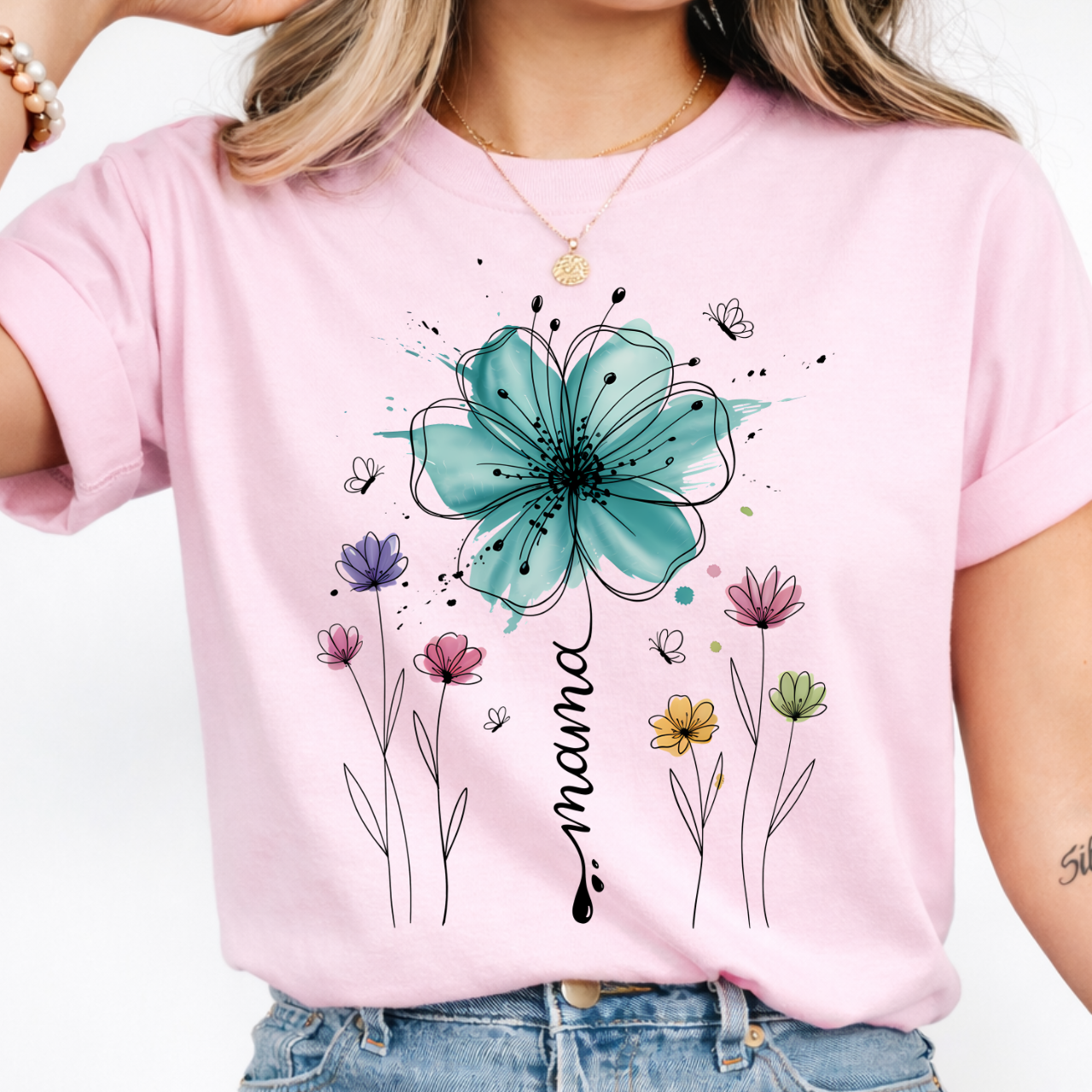 Mama with Teal Flower Tee