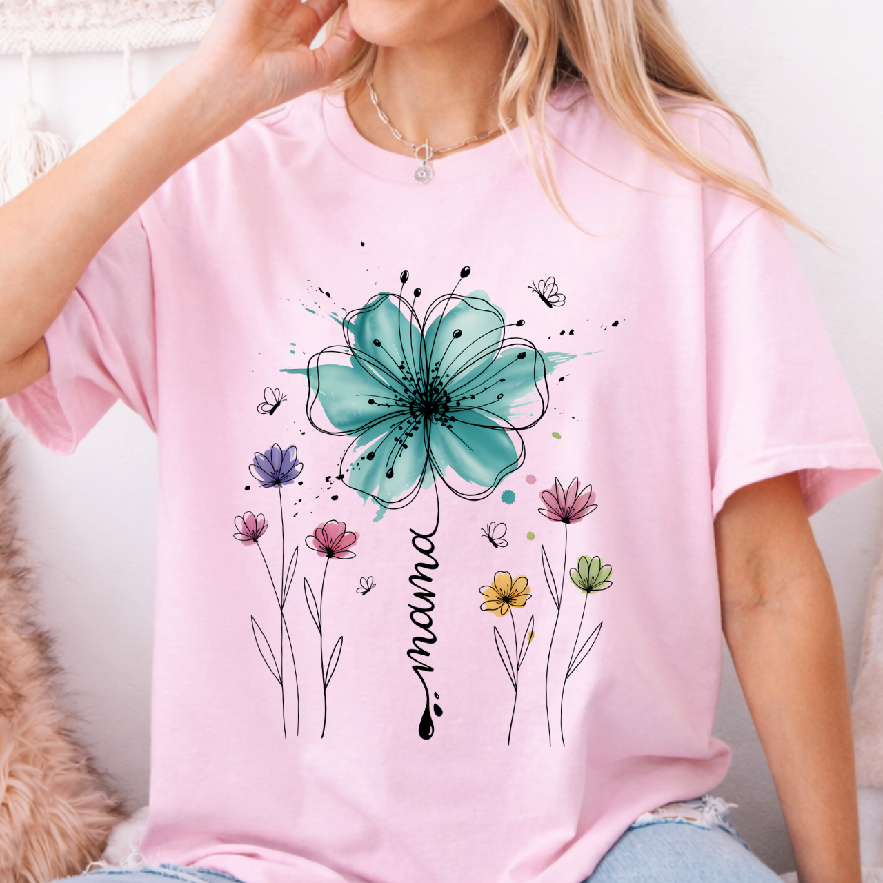 Mama with Teal Flower Tee