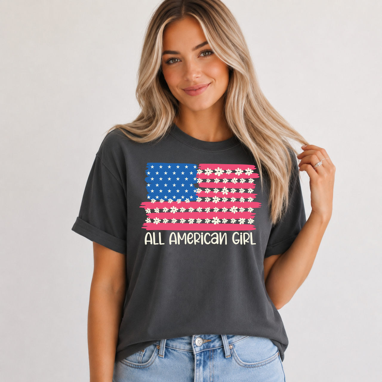 All American Girl Flower Flag Tee