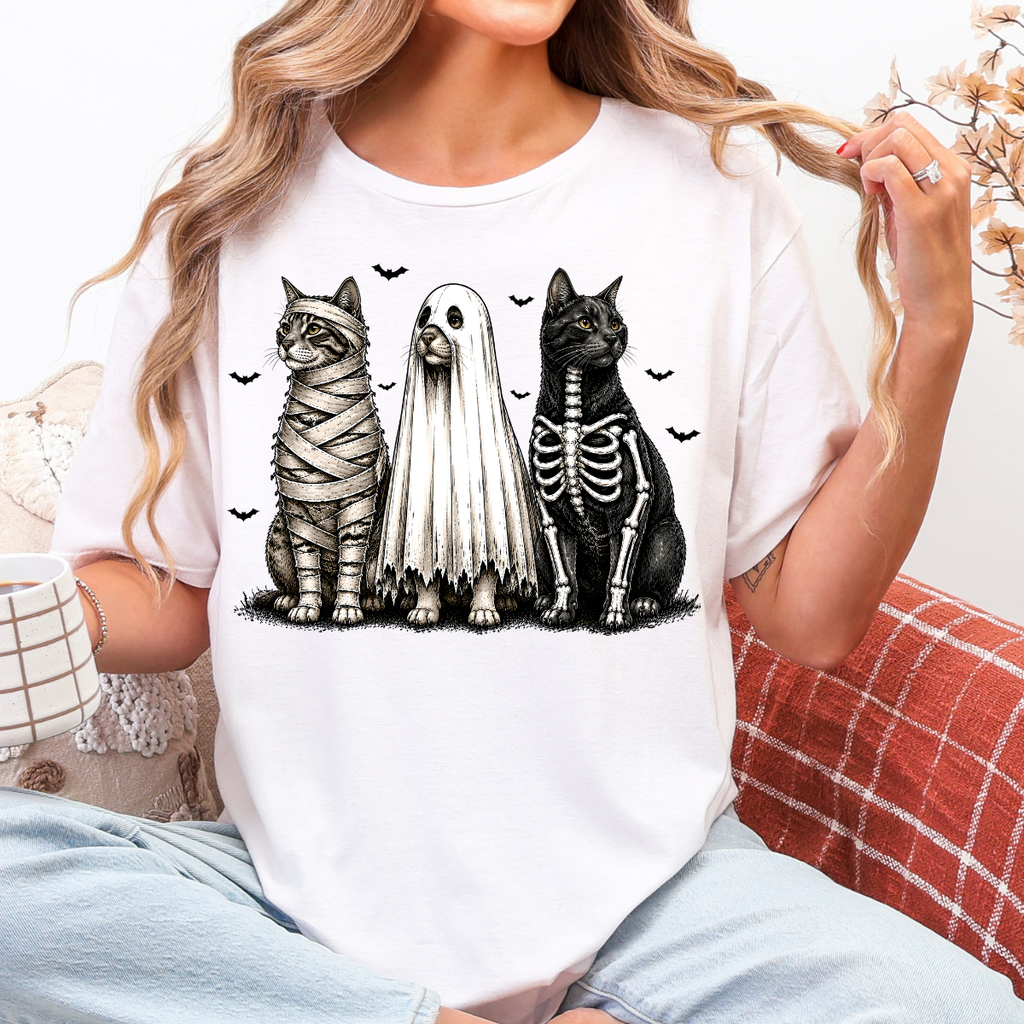 Woman wearing a white Halloween cats graphic tee with mummy, ghost, and skeleton cats