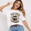 Woman wearing a white t-shirt with 'POT HEAD' Coffee Pot graphic design on a plain background