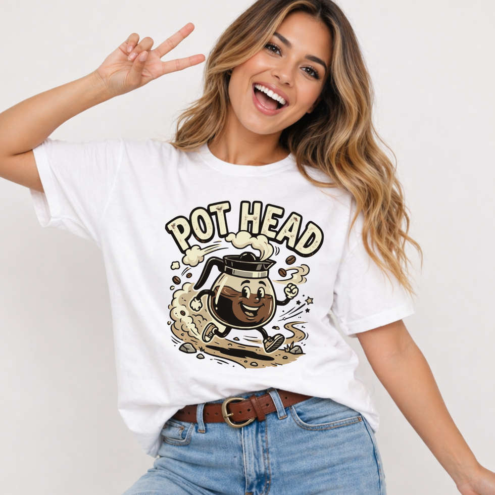 Woman wearing a white t-shirt with 'POT HEAD' Coffee Pot graphic design on a plain background