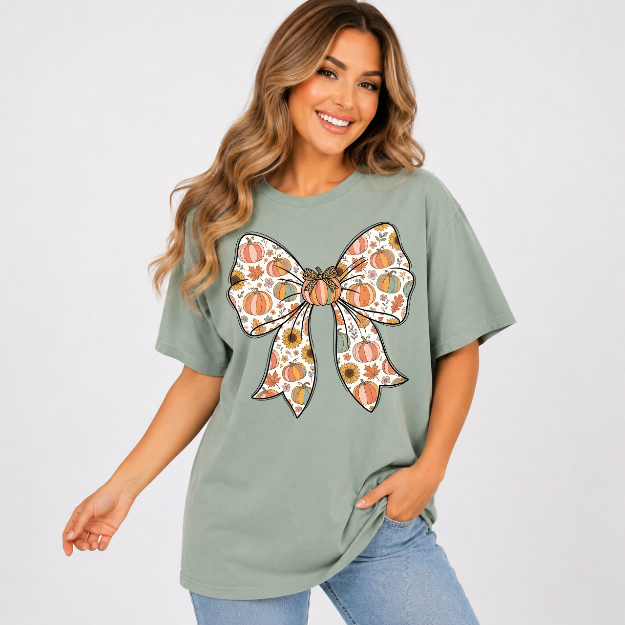 Woman wearing a sage green fall graphic tee with a large bow filled with pumpkins, sunflowers, and autumn leaves.