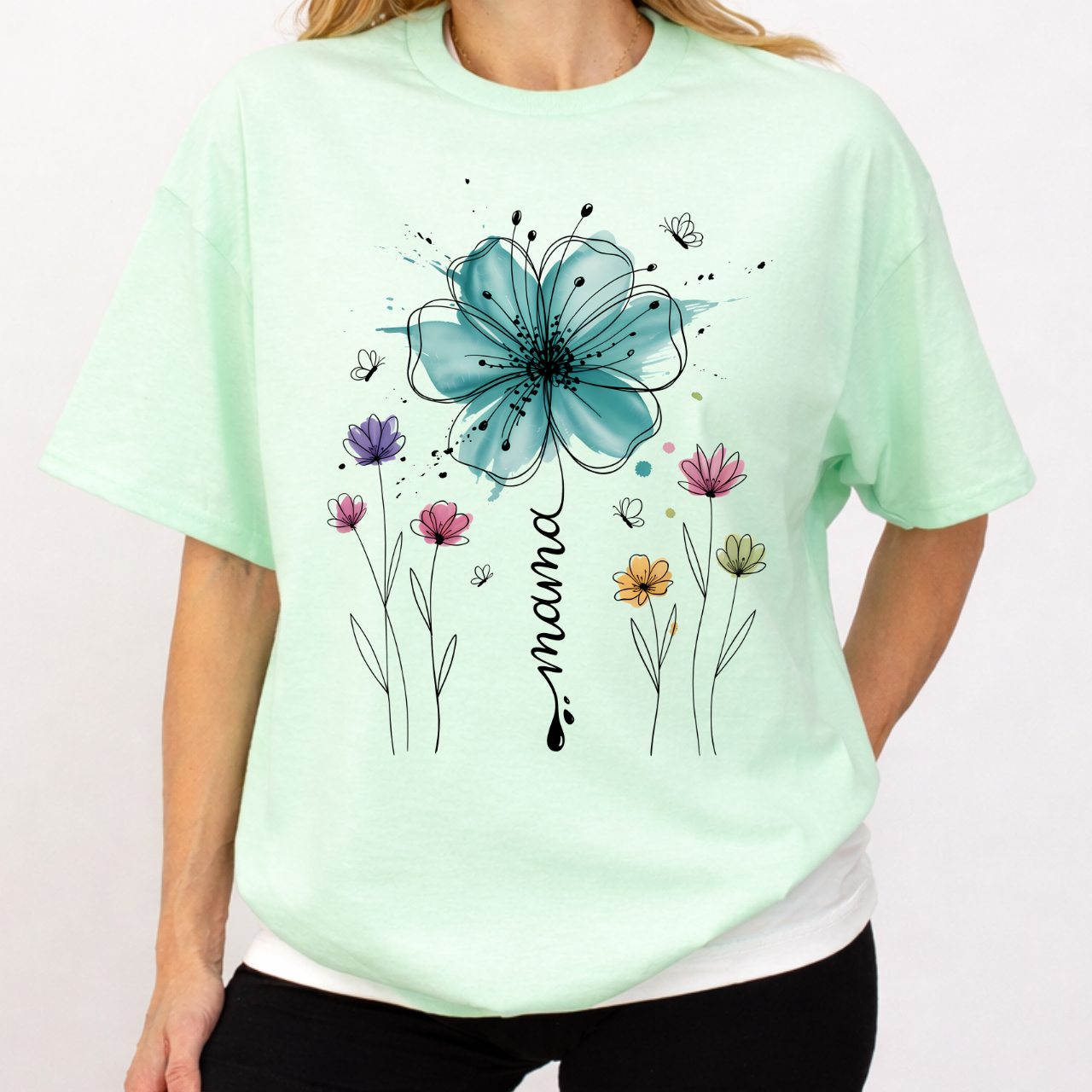 Mama with Teal Flower Tee