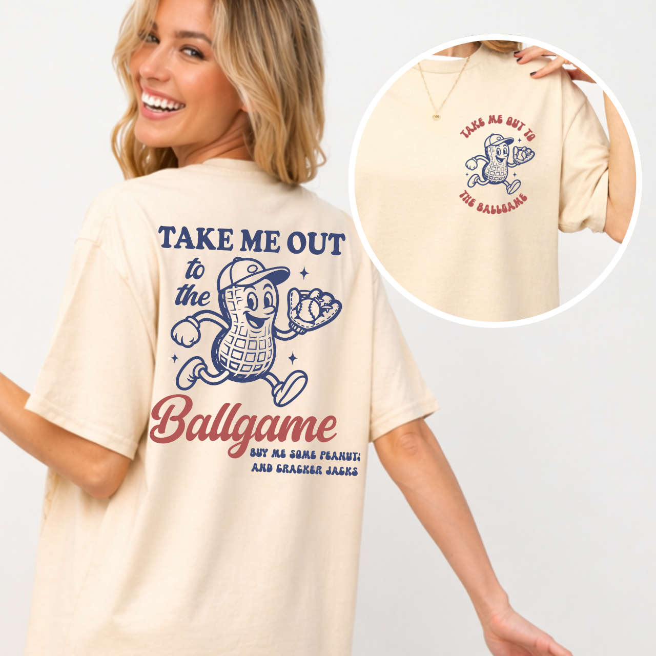 Woman wearing a 'Take Me Out to the Ballgame' t-shirt with a close-up of the design.