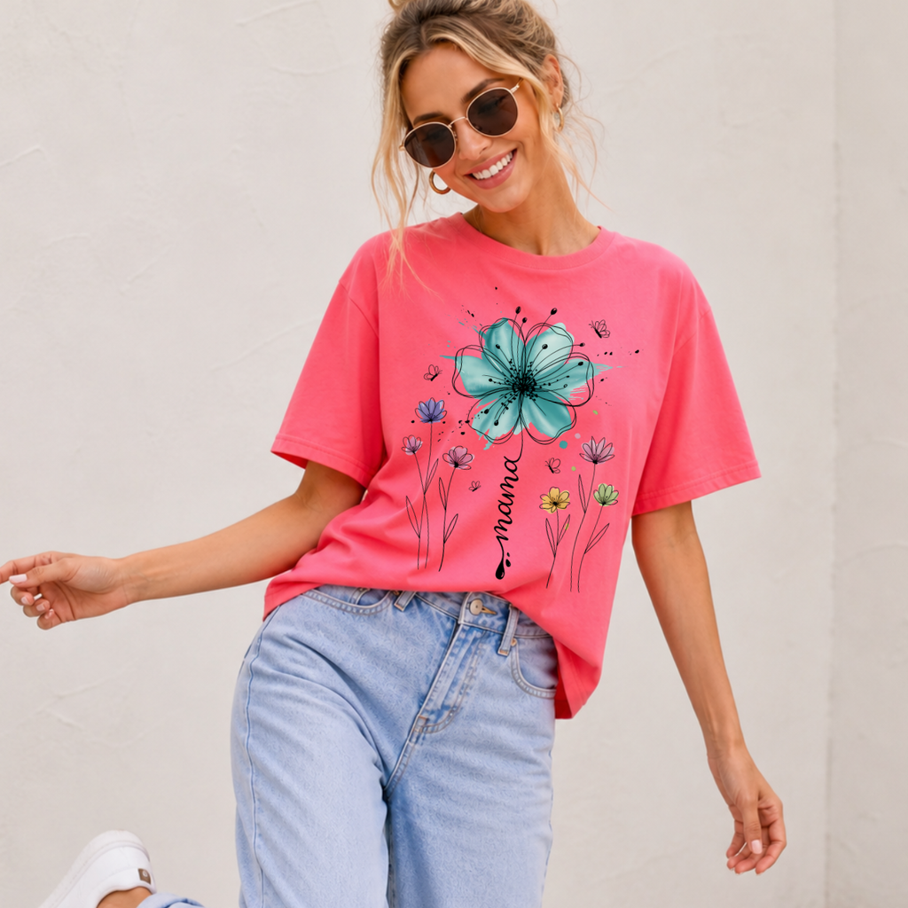 Mama with Teal Flower Tee